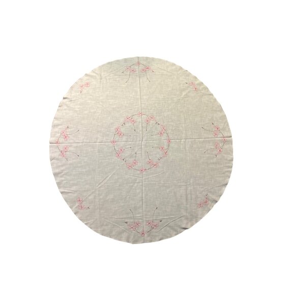 Vintage Handmade Round Tablecloth Used Cream with Pink and Brown - Picture 16 of 16